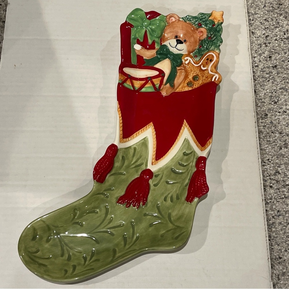 Fitz & Floyd Green and Red Holiday Stocking serving platter